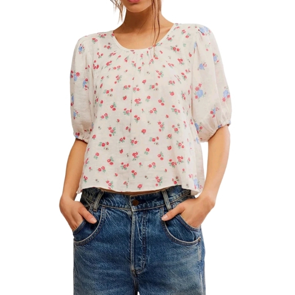 Free People Women's Floral Blouse in White Ivory and Red Size XS New